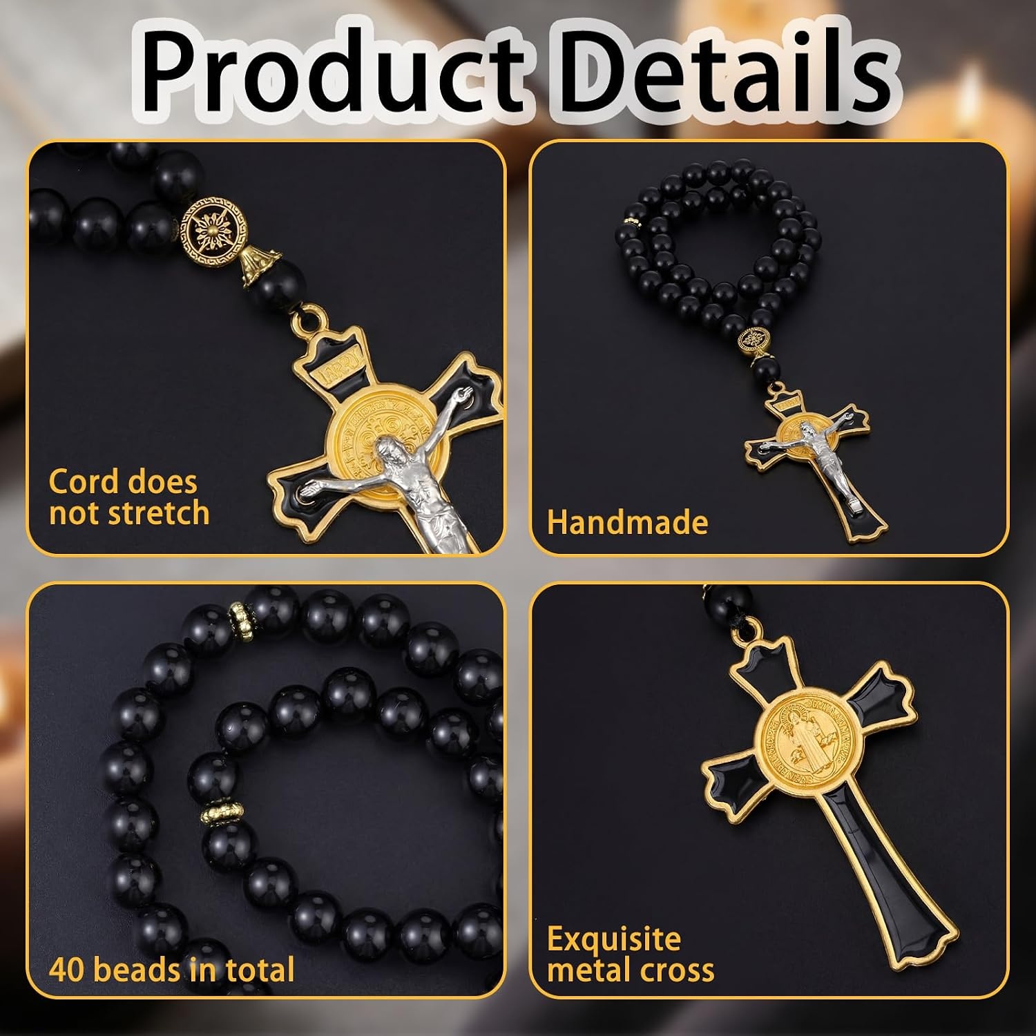 image:imageOutus Car Rosary Rearview Vehicle Mirror Beads Catholic for Women Black Rosary for Men Cross for Car Mirror Hanging Medal Cross Saint for Auto Decors Christian Gift