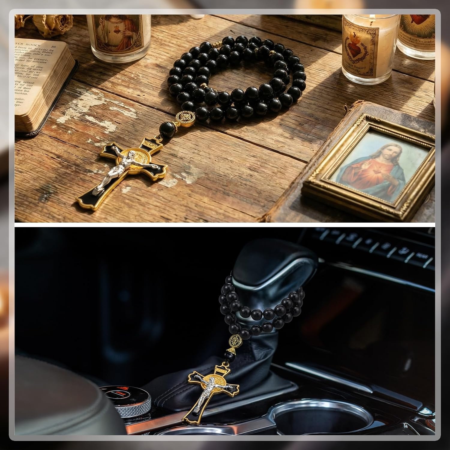 image:imageOutus Car Rosary Rearview Vehicle Mirror Beads Catholic for Women Black Rosary for Men Cross for Car Mirror Hanging Medal Cross Saint for Auto Decors Christian Gift
