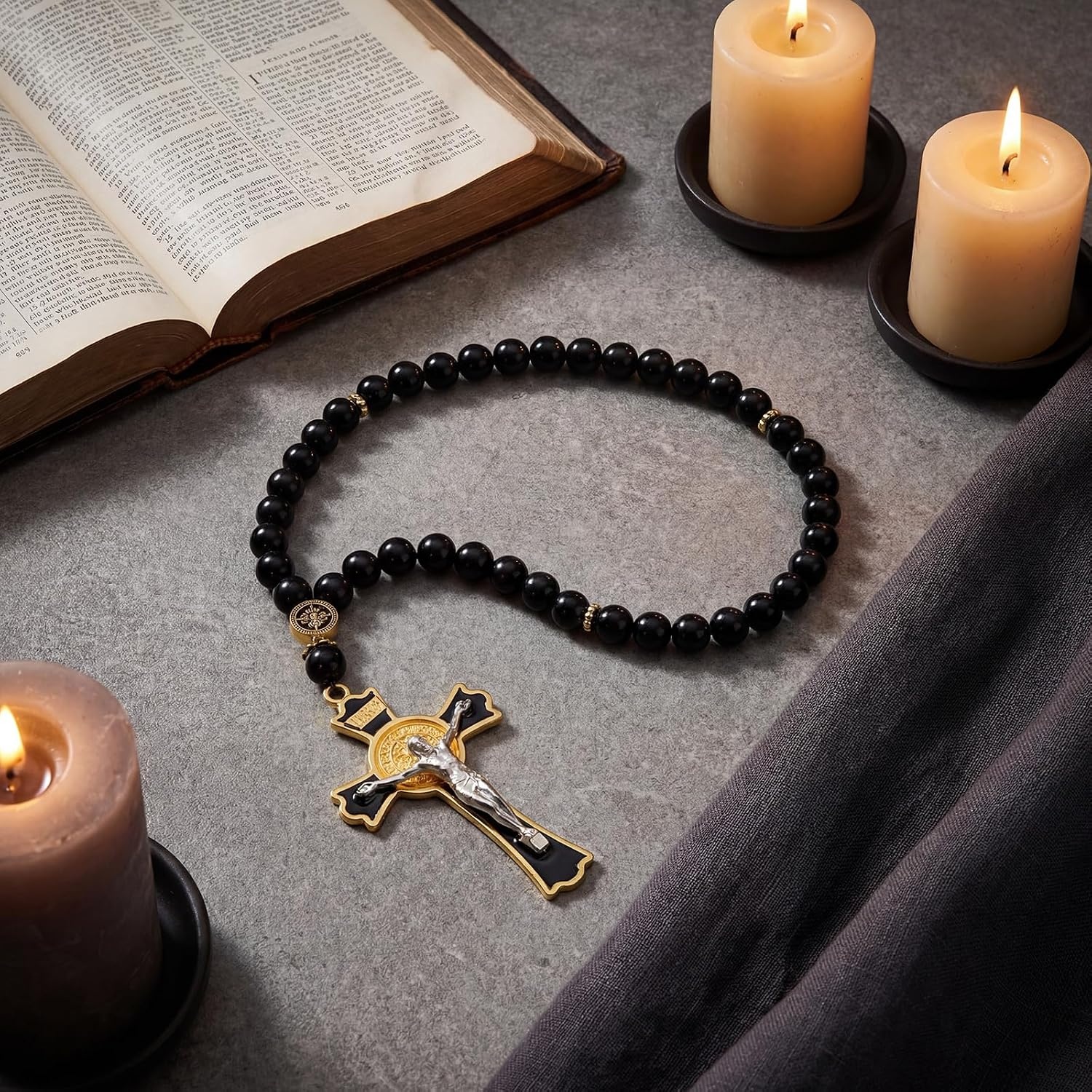 image:imageOutus Car Rosary Rearview Vehicle Mirror Beads Catholic for Women Black Rosary for Men Cross for Car Mirror Hanging Medal Cross Saint for Auto Decors Christian Gift