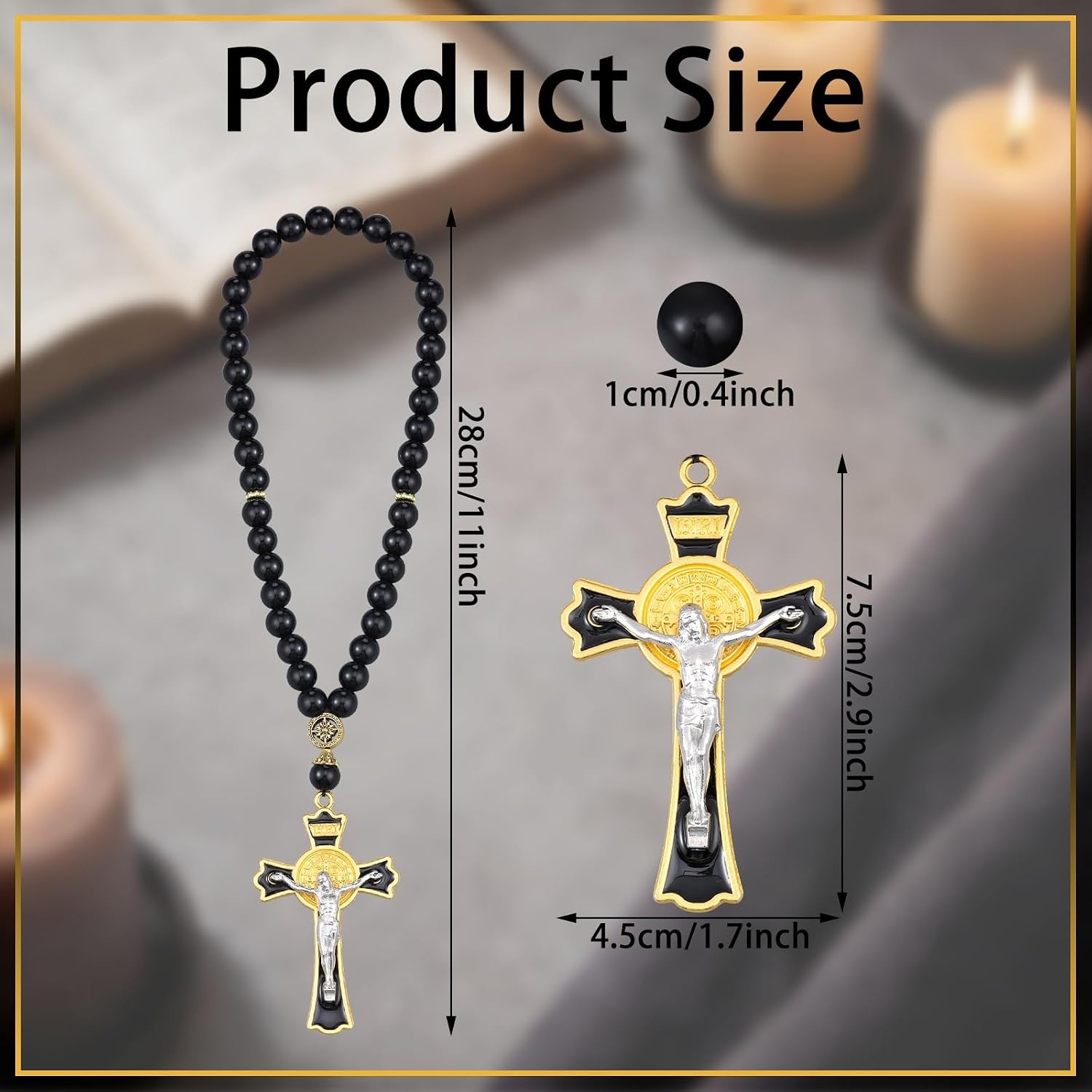 image:imageOutus Car Rosary Rearview Vehicle Mirror Beads Catholic for Women Black Rosary for Men Cross for Car Mirror Hanging Medal Cross Saint for Auto Decors Christian Gift