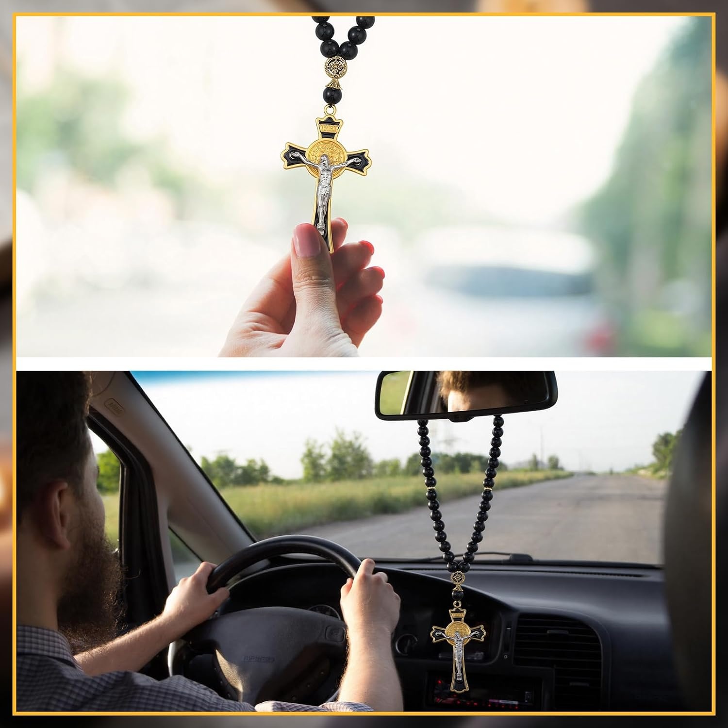 image:imageOutus Car Rosary Rearview Vehicle Mirror Beads Catholic for Women Black Rosary for Men Cross for Car Mirror Hanging Medal Cross Saint for Auto Decors Christian Gift
