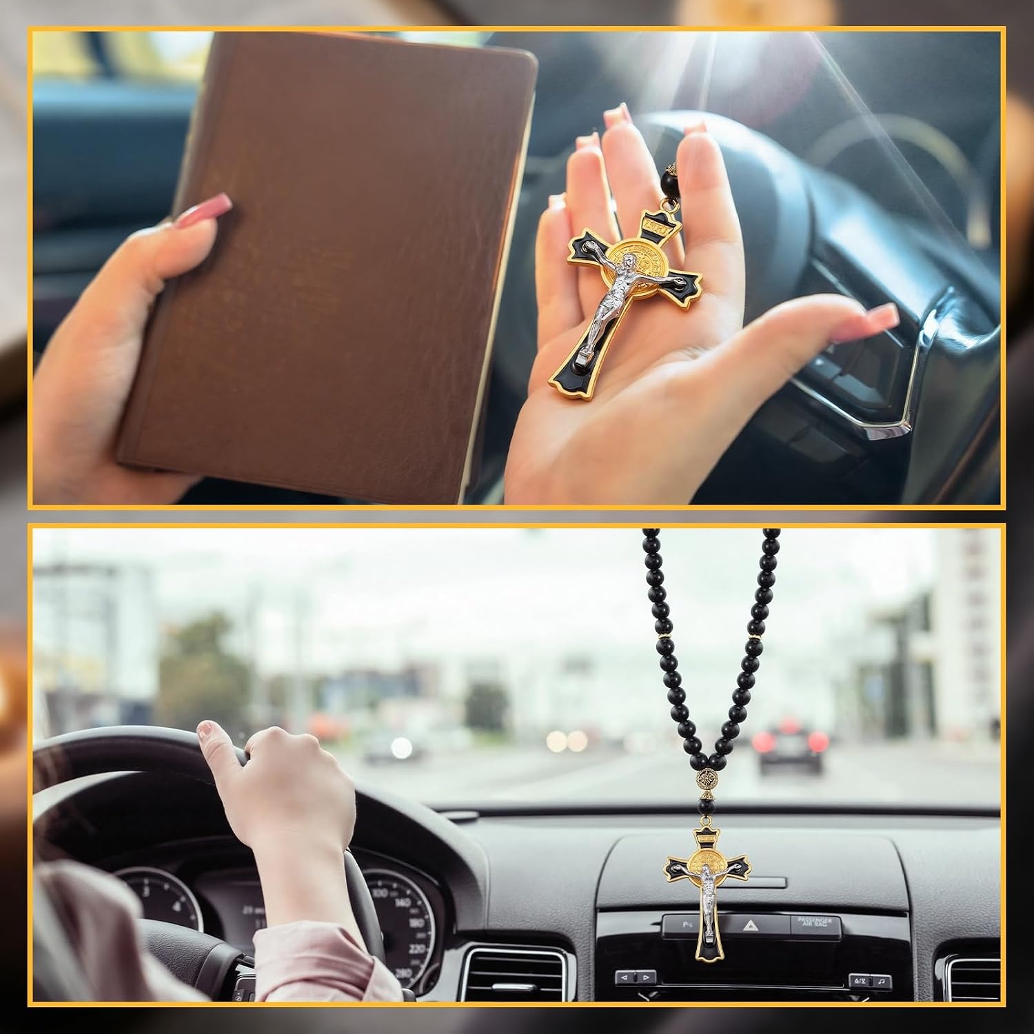 image:imageOutus Car Rosary Rearview Vehicle Mirror Beads Catholic for Women Black Rosary for Men Cross for Car Mirror Hanging Medal Cross Saint for Auto Decors Christian Gift