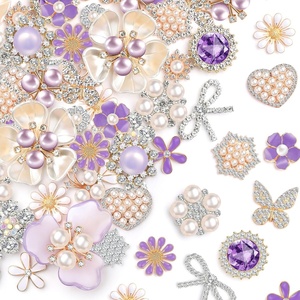 image:imageGiegxin 24 Pcs Rhinestone Buttons for Crafts Faux Pearl Embellishments Button Butterfly Flower Vintage Brooch for Wedding Decorations Jewelry Making DIY Clothes Bag Shoes Supplies Pink Blue PurplePurple