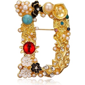 image:imageRINHOO Crystal Pearl Initial Brooch Gold Plated Enamel Colorful Letter Alphabet Breastpin Pin Jewelry for GIFTSLetter D