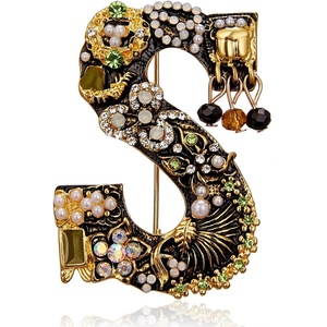 image:imageRINHOO Crystal Pearl Initial Brooch Gold Plated Enamel Colorful Letter Alphabet Breastpin Pin Jewelry for GIFTSLetter S