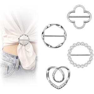 image:image4PCS Scarf Ring Clip Tshirt Ties Clips Clothes Corner Knotted Button for Women Fashion Metal Round Circle Shirt Clip BuckleSilvery