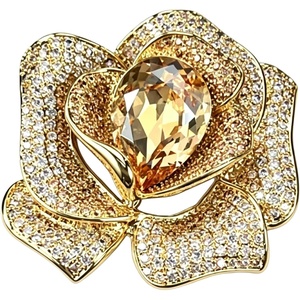 image:imageRose Flower Brooch Pin with Large Teardrop Crystal and Micro Pave Cubic Zirconia Floral Lapel Pin for Suit Dress Wedding PartyGold