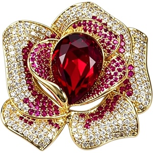 image:imageRose Flower Brooch Pin with Large Teardrop Crystal and Micro Pave Cubic Zirconia Floral Lapel Pin for Suit Dress Wedding PartyRose Red
