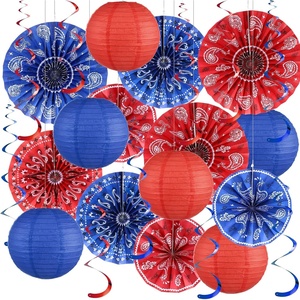 image:imageOutus 25 Pcs Western Party Decorations Western Paper Fans Paper Lanterns Foil Hanging Swirls Wild West Country Classroom Decor for VBS Rodeo Cowboy Birthday Wedding SuppliesBrownWagon WheelBlue and Red