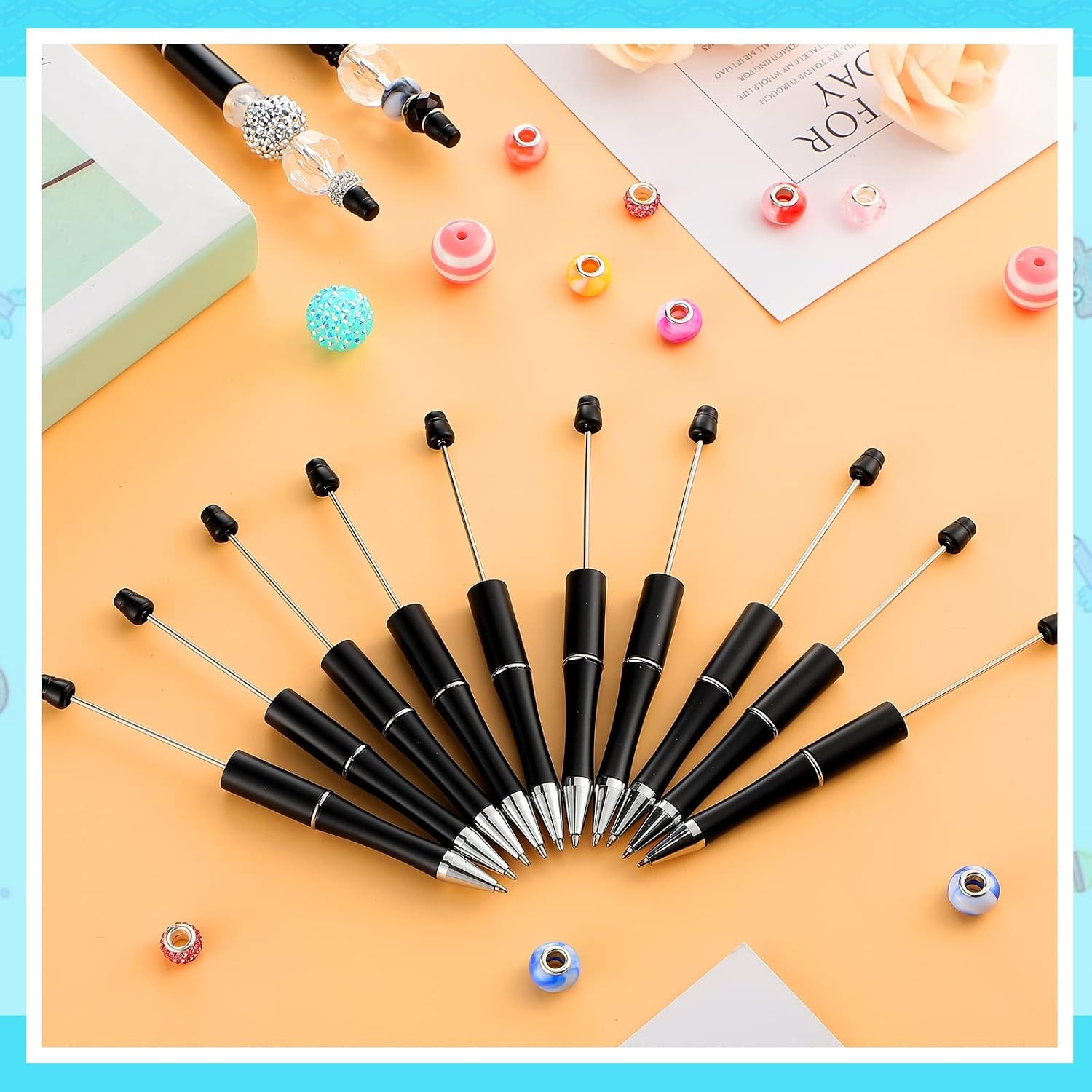 image:imageOutus 20 Pcs Beadable Pens Plastic Bead Pens Bulk Colored Black Ink Beaded Pen Cute DIY Pen Extra Refills for Make Gifts for Women Men Wedding Easter Graduation Gift Office SuppliesMacaroon ColorBlack