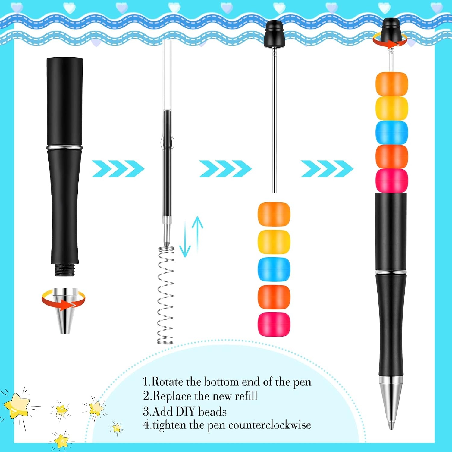 image:imageOutus 20 Pcs Beadable Pens Plastic Bead Pens Bulk Colored Black Ink Beaded Pen Cute DIY Pen Extra Refills for Make Gifts for Women Men Wedding Easter Graduation Gift Office SuppliesMacaroon ColorBlack