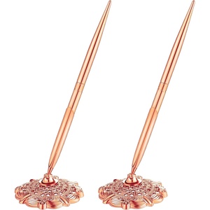 image:imageOutus 2 Pieces Wedding Pens for Guest Book Signing Pen with Metal Hollow Round Holder Stand Set for Wedding Bridal Engagement Reception SuppliesGoldRose Gold