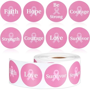 image:imageOutus 500 Pcs Breast Cancer Awareness Stickers 15 Inch Pink Ribbon Round