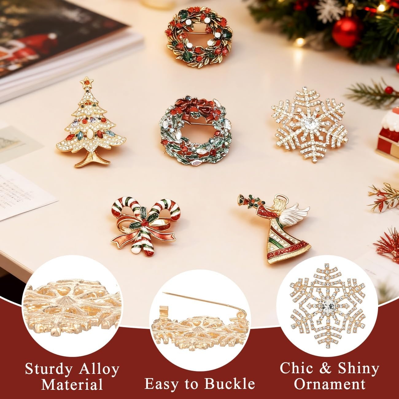 image:imageYowivon Christmas Brooch Pins for Women Fashion Crystal Rhinestone Sparkling Vintage Christmas Holiday Acessories Jewelry Pin Gift for Her Christmas Tree Wreath Snowflake Angel Candy CaneSnowflake