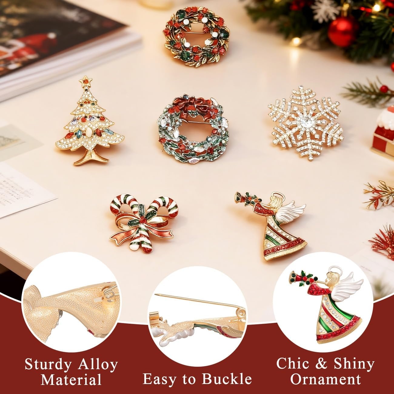 image:imageYowivon Christmas Brooch Pins for Women Fashion Crystal Rhinestone Sparkling Vintage Christmas Holiday Acessories Jewelry Pin Gift for Her Christmas Tree Wreath Snowflake Angel Candy CaneAngel