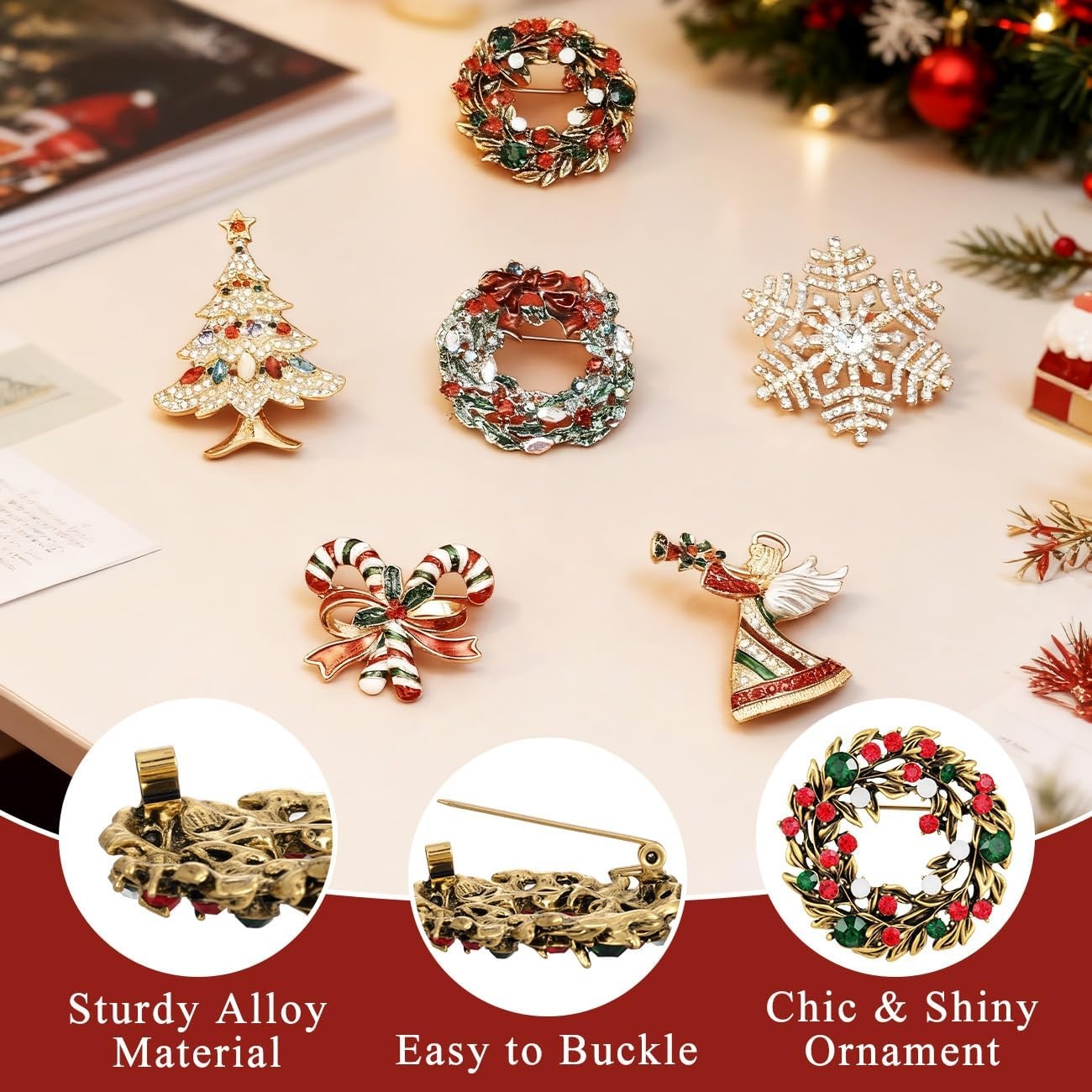 image:imageYowivon Christmas Brooch Pins for Women Fashion Crystal Rhinestone Sparkling Vintage Christmas Holiday Acessories Jewelry Pin Gift for Her Christmas Tree Wreath Snowflake Angel Candy CaneWreath