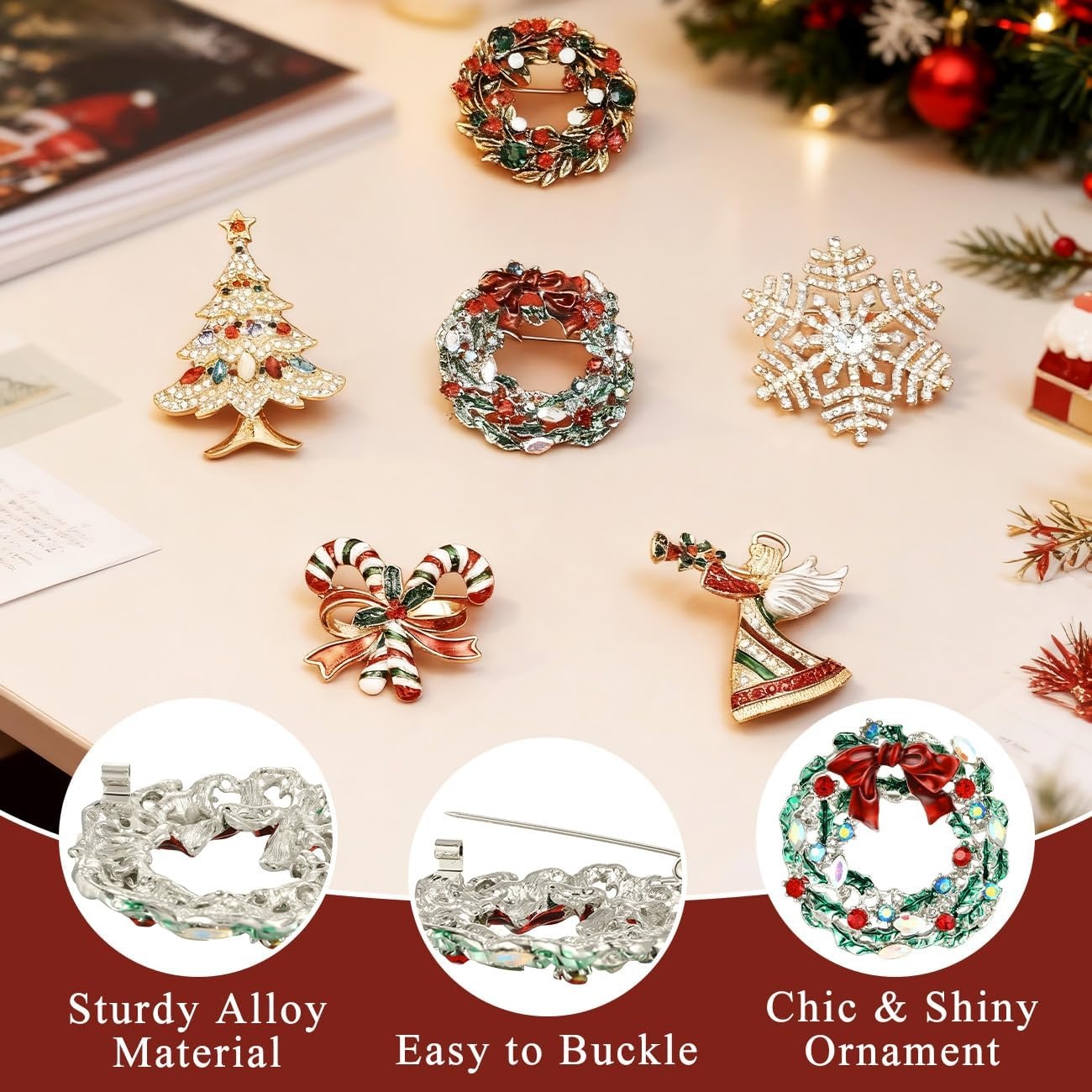 image:imageYowivon Christmas Brooch Pins for Women Fashion Crystal Rhinestone Sparkling Vintage Christmas Holiday Acessories Jewelry Pin Gift for Her Christmas Tree Wreath Snowflake Angel Candy CaneBow Wreath