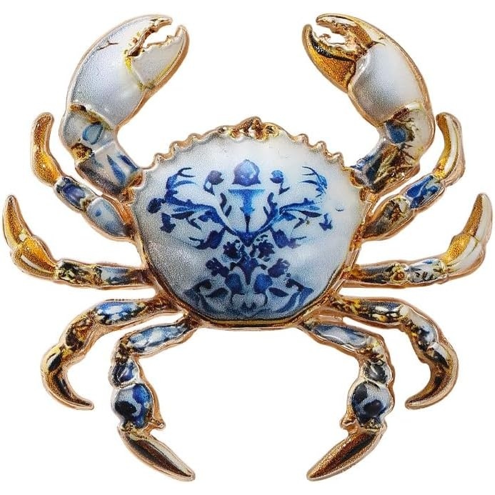 image:imageMALOYANVE Crab Brooch Pin for Women Men Vintage Gold Plated Crab Enamel Lapel Pin Ocean Marine Animal Brooch for Jackets Hats Scarves Bags Gift for Beach LoversBlue White Porcelain