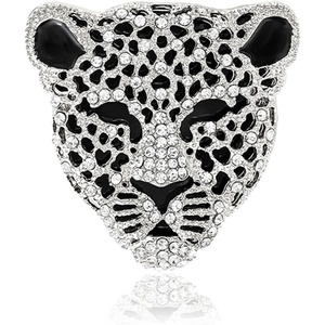 image:imageMALOYANVE Rhinestone Leopard Head Brooch Pin Vintage Black Enamel Spotted Animal Cheetah Brooch Crystal Pins for Suit Scarf Bag Hat Decoration Accessory Jewelry for WomenSilver