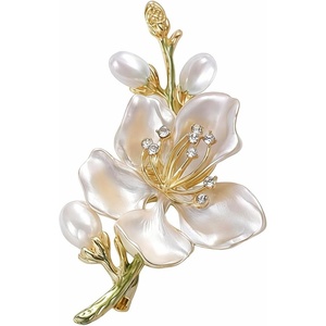 image:imagePeach Blossom Brooch for Women Pearl and Rhinestone Floral Lapel Pin Pink Enamel Flower Jewelry for Dresses Coats and Scarves Romantic Spring Summer Style Accessory for Parties and WeddingsWhite