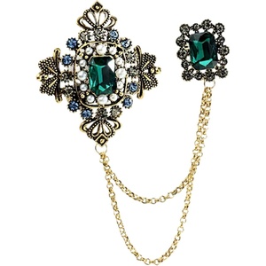 image:imageVintage Crystal Pearl Long Chain Brooches for Women Men Simulated Emerald Green Rhinestone Geometry Rectangle Lapel Brooch Pin Court Suit Shirt AccessoriesGreen
