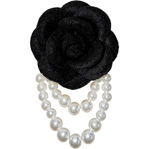 image:imageVintage Fabric Camellia Flower Pearl Tassel Statement BroochBlack
