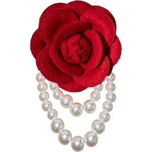 image:imageVintage Fabric Camellia Flower Pearl Tassel Statement BroochRed