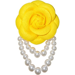 image:imageVintage Fabric Camellia Flower Pearl Tassel Statement BroochYellow