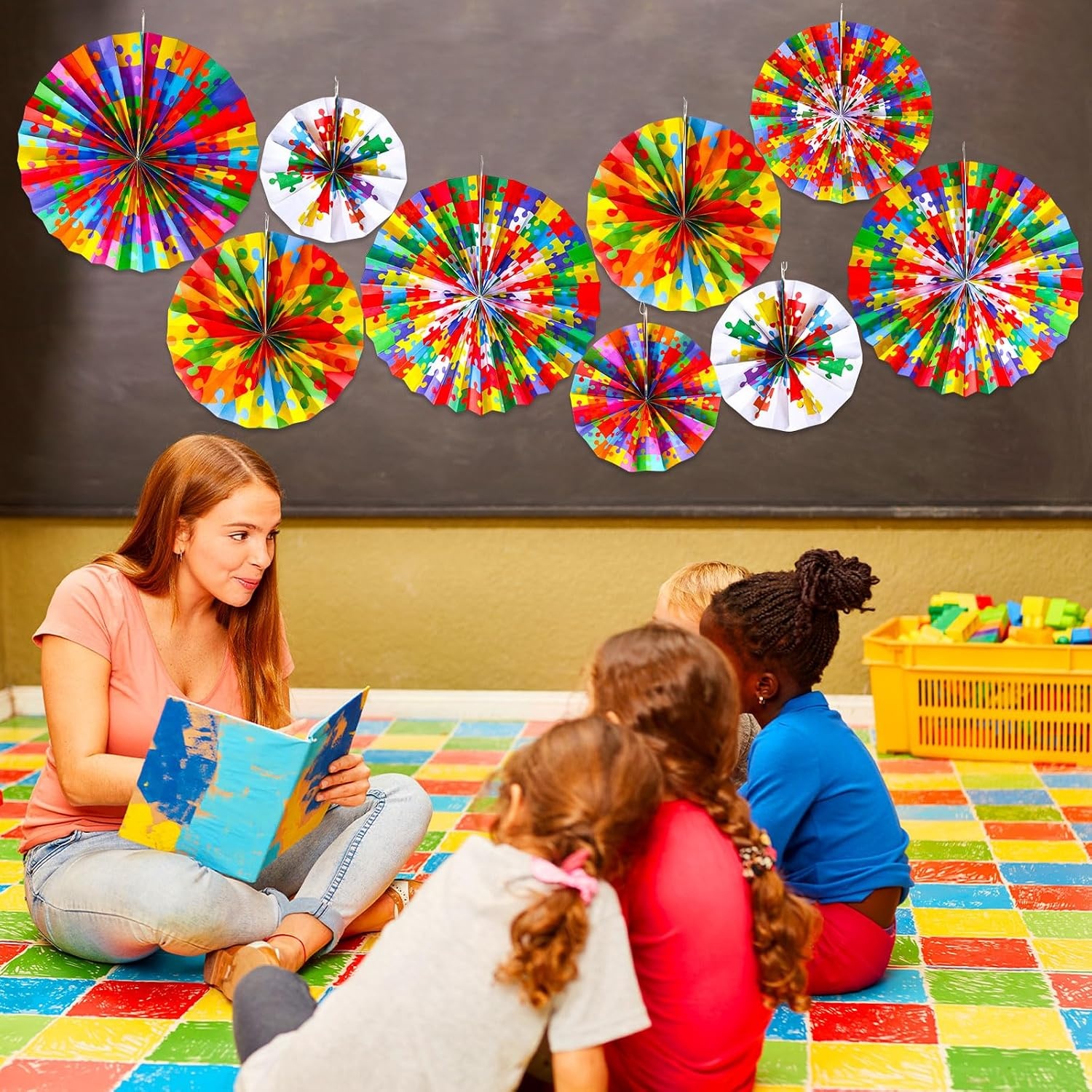 image:imageOutus 9 Pcs Puzzle Pieces Bulletin Board Classroom Decorations Paper Fans Colorful Puzzles Paper Accents Welcome Back to School Bulletin Board Set for Baby Nursery Bedroom Sunday School Wall Decor