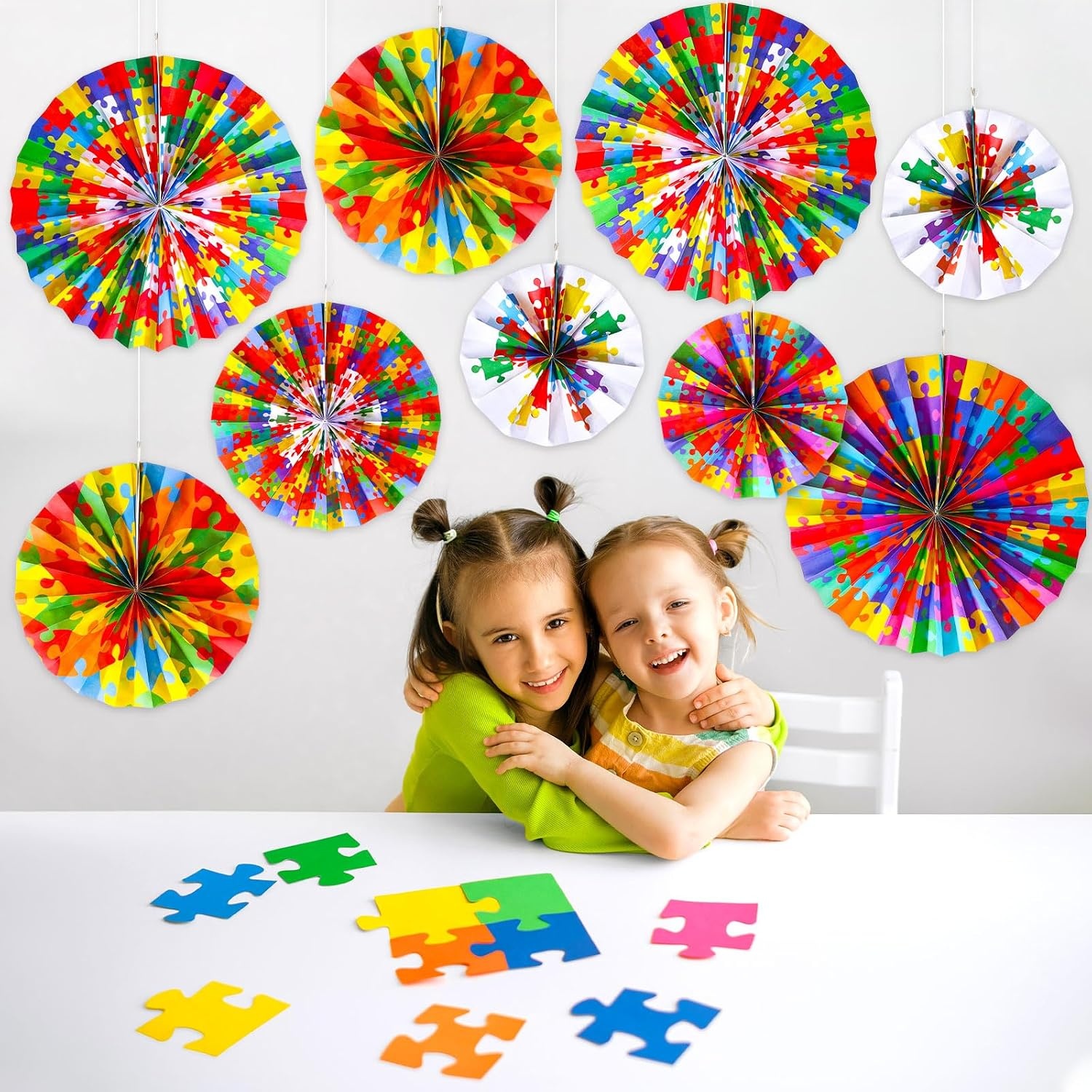 image:imageOutus 9 Pcs Puzzle Pieces Bulletin Board Classroom Decorations Paper Fans Colorful Puzzles Paper Accents Welcome Back to School Bulletin Board Set for Baby Nursery Bedroom Sunday School Wall Decor