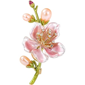image:imagePink Flower Brooches for Women Elegant Peach Blossom Cz Crystal Faux Pearl Enamel Lapel Pin for Wedding Party