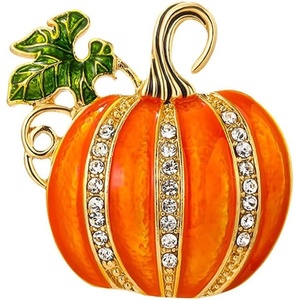 image:imageRhinestone Pumpkin Brooch Pin for Women GoldTone Fashion Enamel Halloween Thanksgiving Green Leaf Brooches Lapel Pins Cute Fall Holiday Festival Hat Bag Suit Dress Accessories Jewelry Gift Souvenir