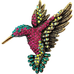 image:imageSELOVO Antique Gold Tone Bird Hummingbird Multi Color Austrian Crystal Pin Brooch