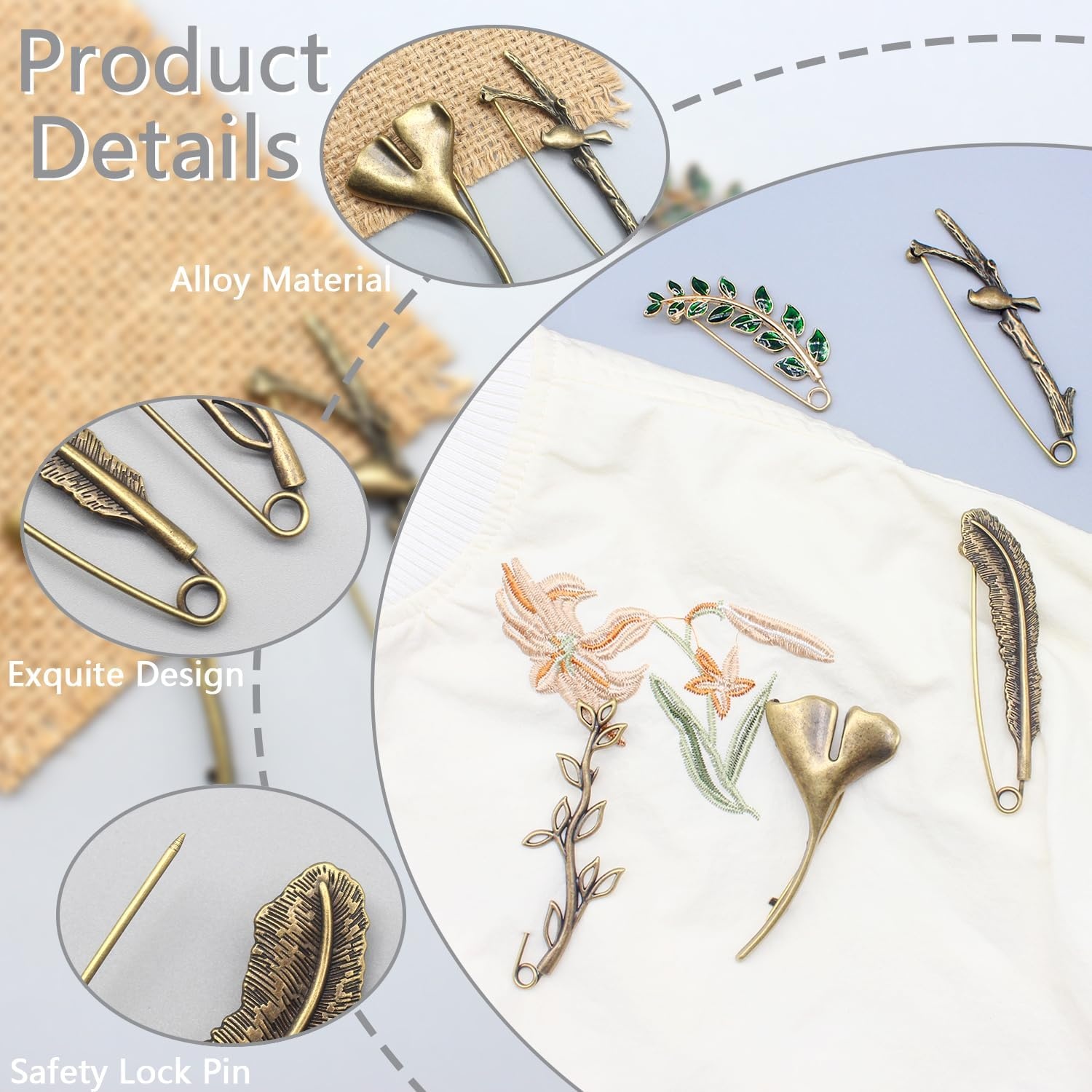 image:imageBenvo 5 Pcs Decorative Pins Safety Pins Steel Lock Pins Vintage Alloy Brooches Large Bronze Pins for Dressing Up Shawls Wraps Skirts Scarf Blankets Hats Capes