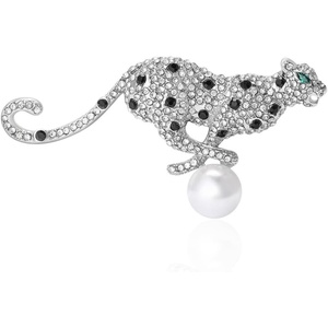 image:imageLeopard Brooch Pin for Women Rhinestone Crystal Cheetah Animal Brooch with Pearl Lapel Pin Fashion Jewelry for Jacket Scarf CoatSilvery
