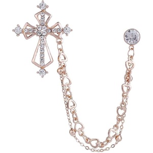 image:imageVintage Cross Tassel Chain Brooch Collar PinCrystal Rhinestone Cross Long Chain Lapel PinSuit Coat Breastpin Jewelry for Women Men SilverGold B