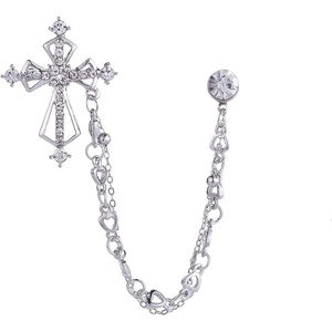 image:imageVintage Cross Tassel Chain Brooch Collar PinCrystal Rhinestone Cross Long Chain Lapel PinSuit Coat Breastpin Jewelry for Women Men SilverSilver B