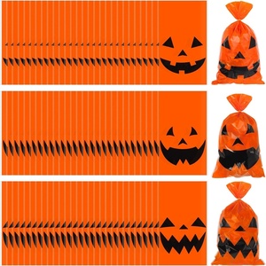 image:imageOutus 150 Pieces Halloween Plastic Candy Bags JackOLantern Pumpkin Bags Goody Tote Bag Party Favor with Handles Party FavorsOrange with Black Accents