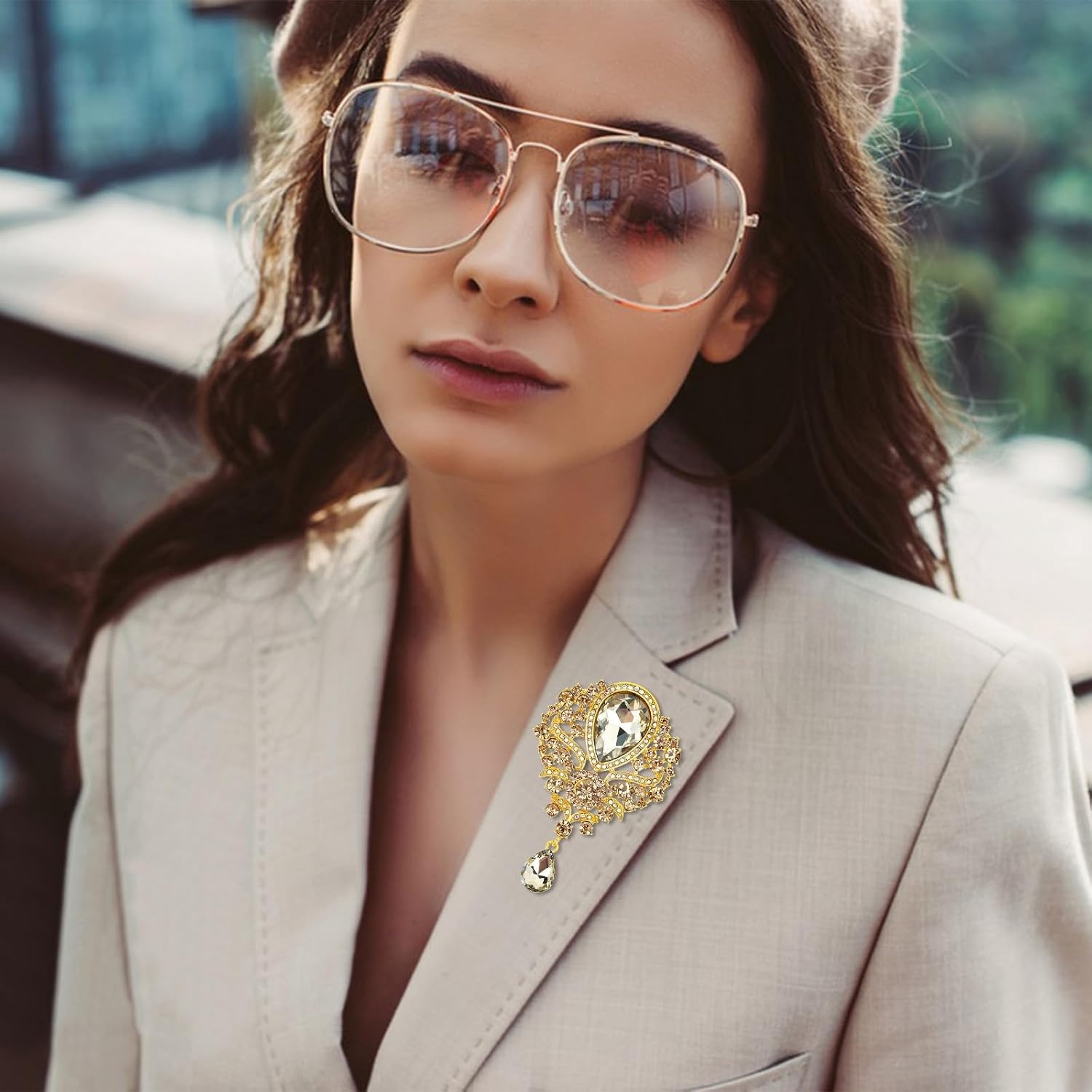 image:imageYARIEW Brooches for Women Silver Plated Vintage Rhinestone Brooch Pins for Women Flower Brooch for Business Bouquet St Patricks Day Holiday Christmas GiftChampagne