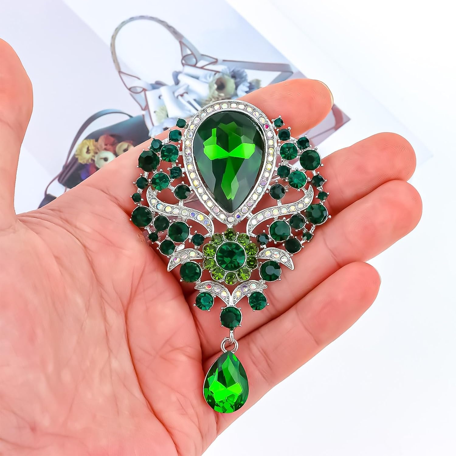 image:imageYARIEW Brooches for Women Silver Plated Vintage Rhinestone Brooch Pins for Women Flower Brooch for Business Bouquet St Patricks Day Holiday Christmas GiftGreen