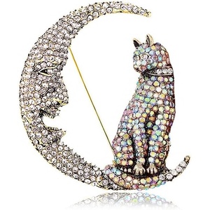 image:imageRhinestone Cat on the Moon Brooch Pin for Women Girls Vintage AB Crystal Animal Kitten Crescent Celestial Brooches Lapel Pins Dainty Exaggerated Christmas Easter Jewelry Unisex Gift