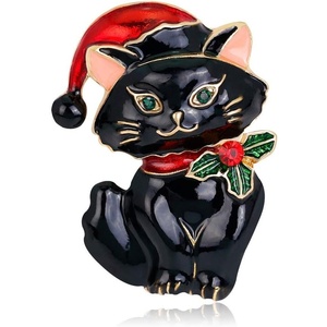 image:imagecoadipress Christmas Brooch Pins for Women Cute Crystal Christmas Tree Snowflake Reindeer Jingle Bell Animal Candy Bow Brooches Xmas Holiday Party GiftsCat Black