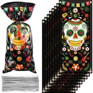 image:image100 Pieces Day of The Dead Treat Bags Black Da de Los Muertos Cellophane Plastic Candy Goodie Bags with 100 Silver Twist Ties for Halloween Decorations Day of The Dead Party Supplies