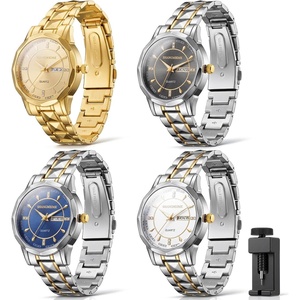 image:imageOutus 4 Pcs Mens Watches Set Gift Business Dress Luxury Casual Waterproof Stainless Steel Band Quartz Wristwatches Big Face Date Watches Men Gift Ideal for Wedding Fathers Day